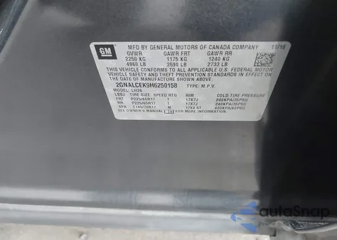 2017 Chevrolet Equinox Lt z USA, uszkodzony, nr VIN 2GNALCEK9H6250158